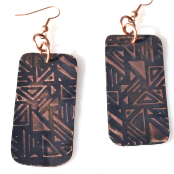 Copper Earrings Embossed Geometric Handmade Tribal - Picture 5 of 6